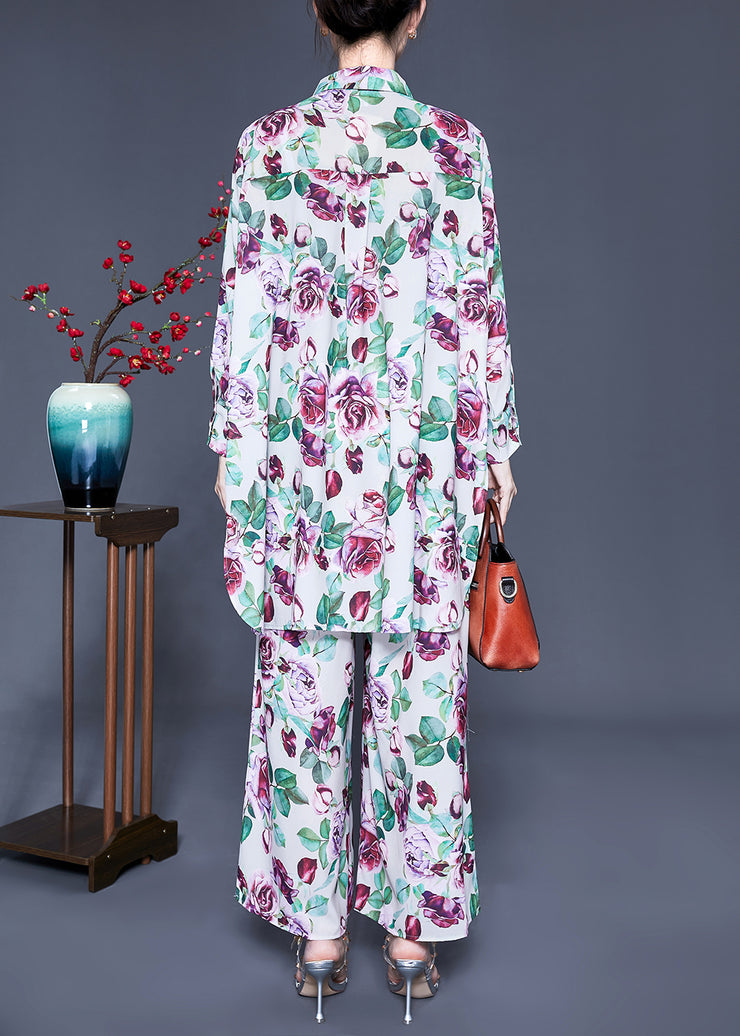 Elegant Purple Floral Print Side Open Silk Tops And Pants Two Pieces Set Spring