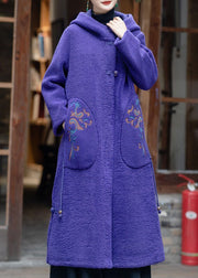 Elegant Purple Hooded Embroidered Tassel Teddy Faux Fur Coats Winter