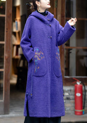 Elegant Purple Hooded Embroidered Tassel Teddy Faux Fur Coats Winter