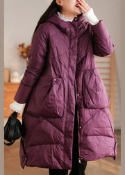 Elegant Purple Hooded Pockets Duck Down Down Coat Winter