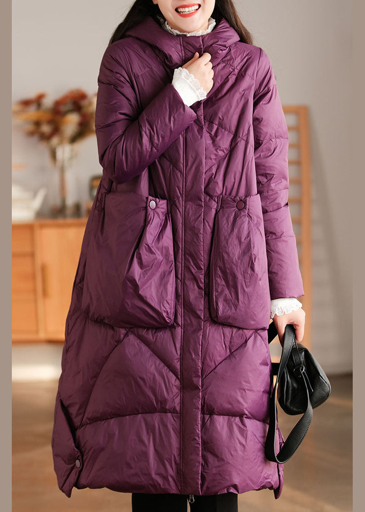 Elegant Purple Hooded Pockets Duck Down Down Coat Winter