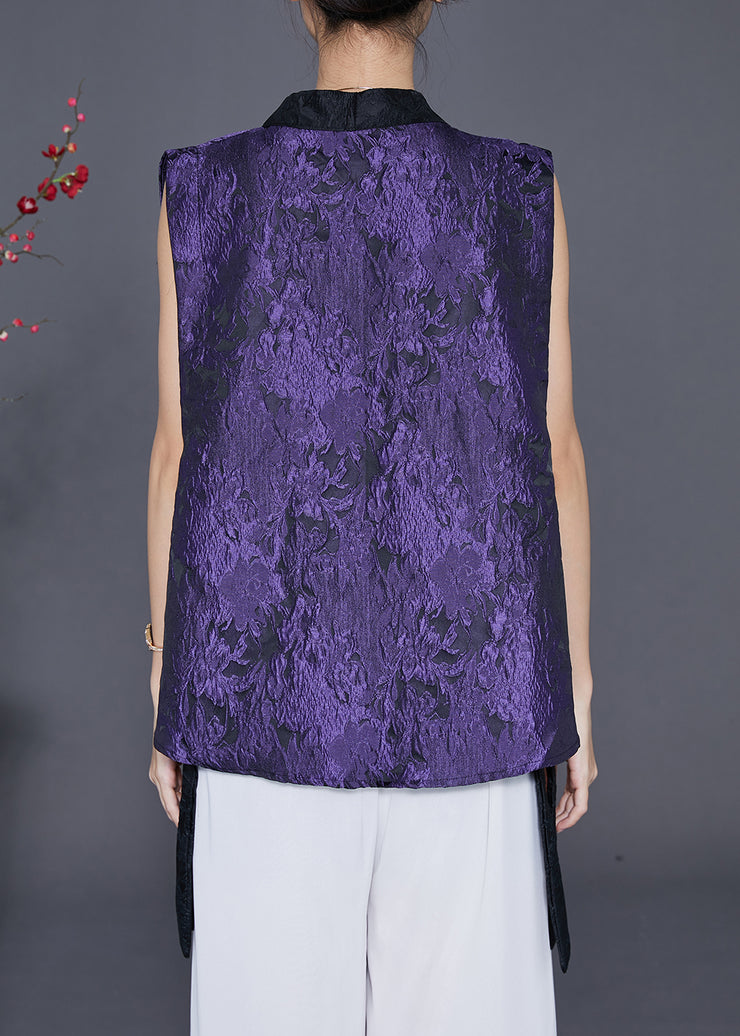 Elegant Purple Jacquard Patchwork Silk Vest Fall