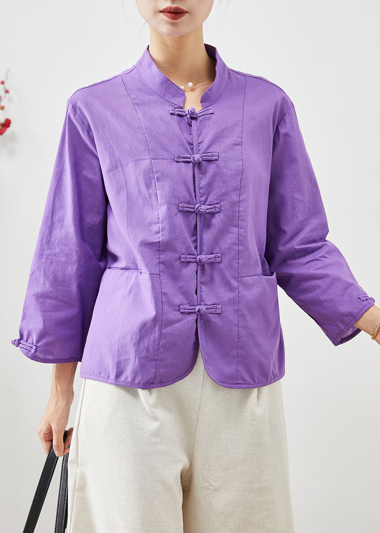 Elegant Purple Mandarin Collar Oriental Cotton Two Pieces Set Fall