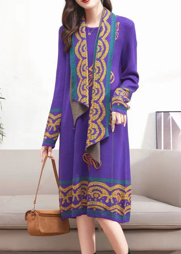 Elegant Purple O-Neck Tops Scarf Dresses Cotton Knit Two Pieces Set Winter