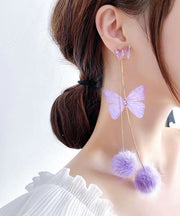 Elegant Purple Overgild Crystal Mink Hair Butterfly Tassel Drop Earrings