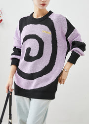 Elegant Purple Oversized Print Knit Sweaters Winter