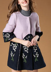 Elegant Purple Patchwork Embroidered Floral Fall Woolen Coat