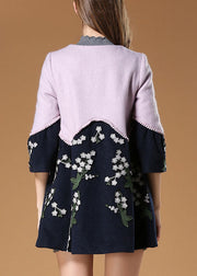 Elegant Purple Patchwork Embroidered Floral Fall Woolen Coat