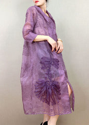 Elegant Purple Peter Pan Collar Embroidered Patchwork Tulle Trench Summer