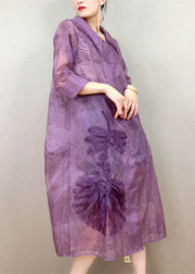 Elegant Purple Peter Pan Collar Embroidered Patchwork Tulle Trench Summer