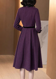 Elegantes lila Bubikragen-Patchwork-Baumwoll-Cinch-Kleid mit langen Ärmeln