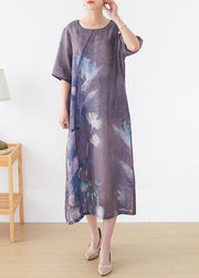 Elegant Purple Print O-Neck Maxi Summer Linen Dress - SooLinen