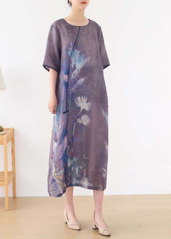 Elegant Purple Print O-Neck Maxi Summer Linen Dress - SooLinen