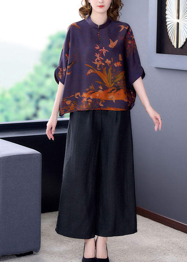 Elegante Seidenhemden und -hosen mit Stehkragen in Lila, 2-teiliges Outfit mit halben Ärmeln