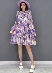 Elegant Purple Stand CollarAsymmetrical Ruffled Chiffon Mid Dress Long Sleeve