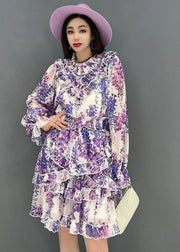 Elegant Purple Stand CollarAsymmetrical Ruffled Chiffon Mid Dress Long Sleeve