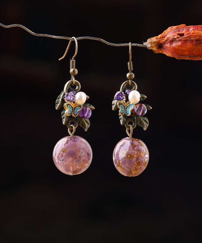Elegant Purple Sterling Silver Zircon Jade Crystal Cloisonne Coloured Glaze Drop Earrings