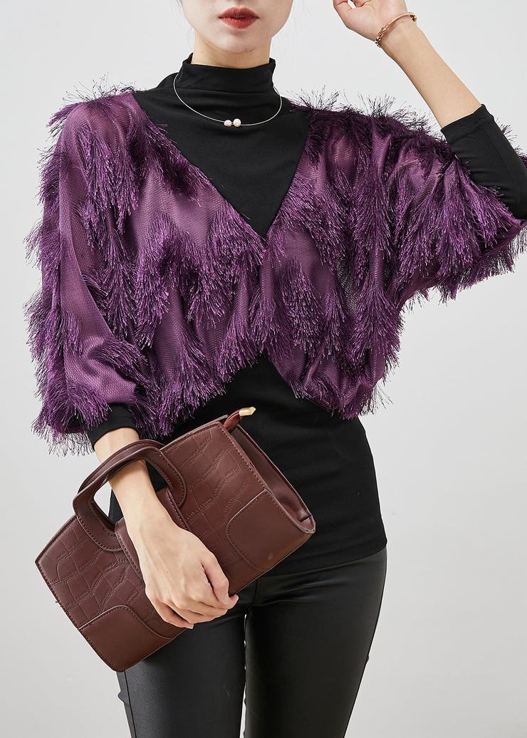 Elegant Purple Tasseled Patchwork Cotton Shirt Top Winter