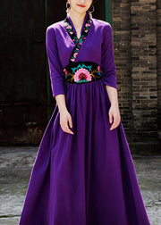 Elegant Purple V Neck Embroidered Floral Zippered Wrinkled Maxi Dresses Fall