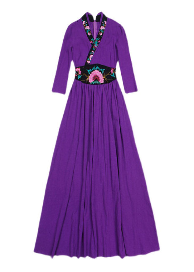 Elegant Purple V Neck Embroidered Floral Zippered Wrinkled Maxi Dresses Fall