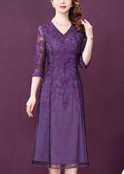 Elegant Purple V Neck Lace Patchwork Tulle Dresses Half Sleeve
