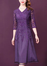 Elegant Purple V Neck Lace Patchwork Tulle Dresses Half Sleeve