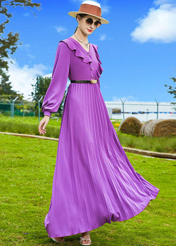 Elegant Purple V Neck Patchwork Ruffles Chiffon Pleated Dress Spring