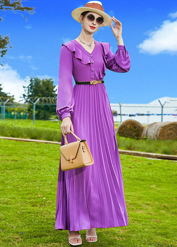 Elegant Purple V Neck Patchwork Ruffles Chiffon Pleated Dress Spring
