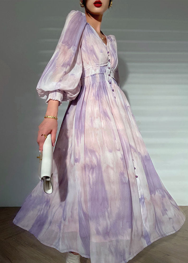 Elegant Purple V Neck Tie Dye Print Button Silk Long Dress Long sleeve