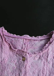 Elegant Purple Wrinkled Embroidered Linen Shirts Bracelet Sleeve