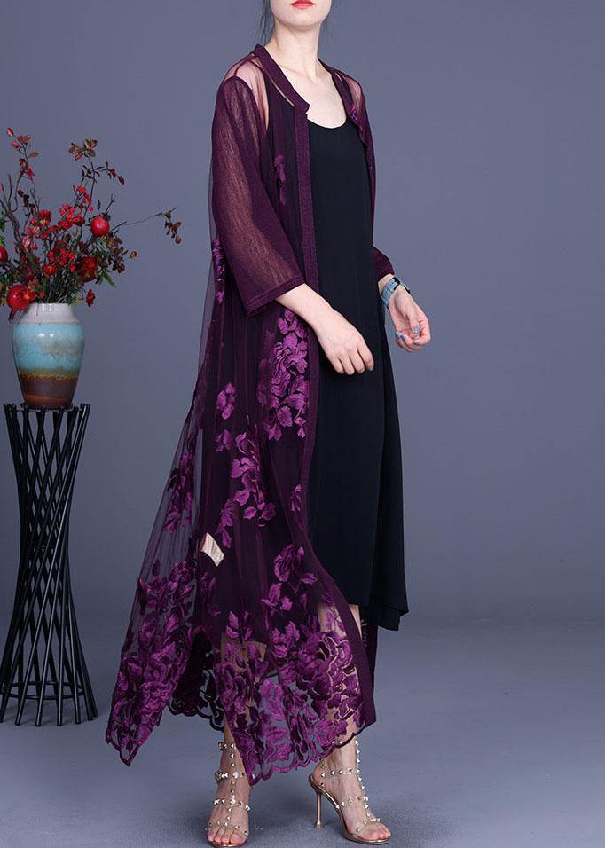 Elegant Purple tulle Embroideried Cardigans Two Piece Set Women Clothing - SooLinen