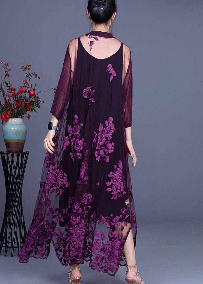 Elegant Purple tulle Embroideried Cardigans Two Piece Set Women Clothing - SooLinen