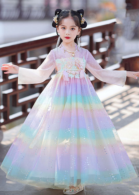 Elegant Rainbow Gradient Color Patchwork Tulle Kids Vacation Long Dresses Long Sleeve