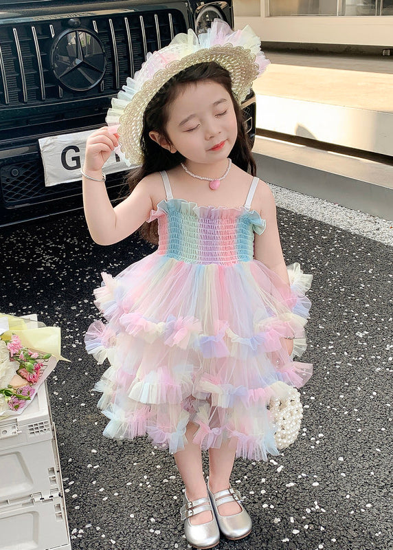 Elegant Rainbow Ruffled Exra Large Hem Tulle Kids Girls Spaghetti Strap Dress Summer