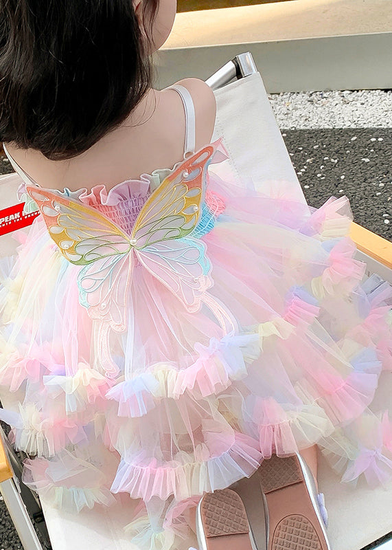 Elegant Rainbow Ruffled Exra Large Hem Tulle Kids Girls Spaghetti Strap Dress Summer