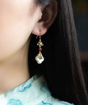 Elegant Rainbow Sterling Silver Overgild Jade Pearl Enamel Floral Drop Earrings