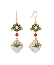 Elegant Rainbow Sterling Silver Overgild Jade Pearl Enamel Floral Drop Earrings