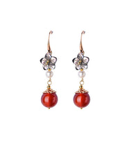 Elegante rote Achat-Perlen-Muschel-Blumen-Silber-Tropfen-Ohrringe