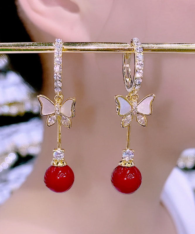 Elegant Red Alloy Zircon Pearl Shell Butterfly Drop Earrings