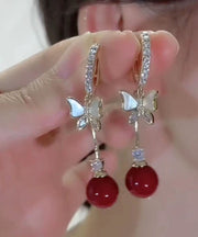 Elegant Red Alloy Zircon Pearl Shell Butterfly Drop Earrings