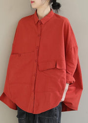 Elegant Red Blouse Lapel Asymmetric Short Shirt Top - SooLinen