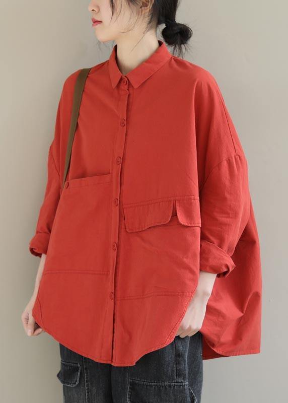 Elegant Red Blouse Lapel Asymmetric Short Shirt Top - SooLinen