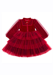 Elegant Red Dot Print Tulle Kids Long Princess Dress Long Sleeve