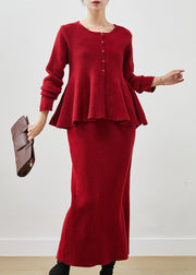 Elegant Red Exra Large Hem Silm Fit Knit Two Piece Set Outfits Spring