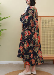 Elegantes Kleid mit langem Ärmel und O-Ausschnitt und geneigter Schnalle mit rotem Blumendruck