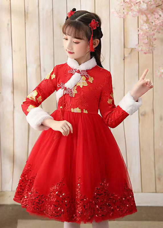 Elegant Red Fur Collar Sequins Patchwork Button Tulle Girls Long Dress Winter