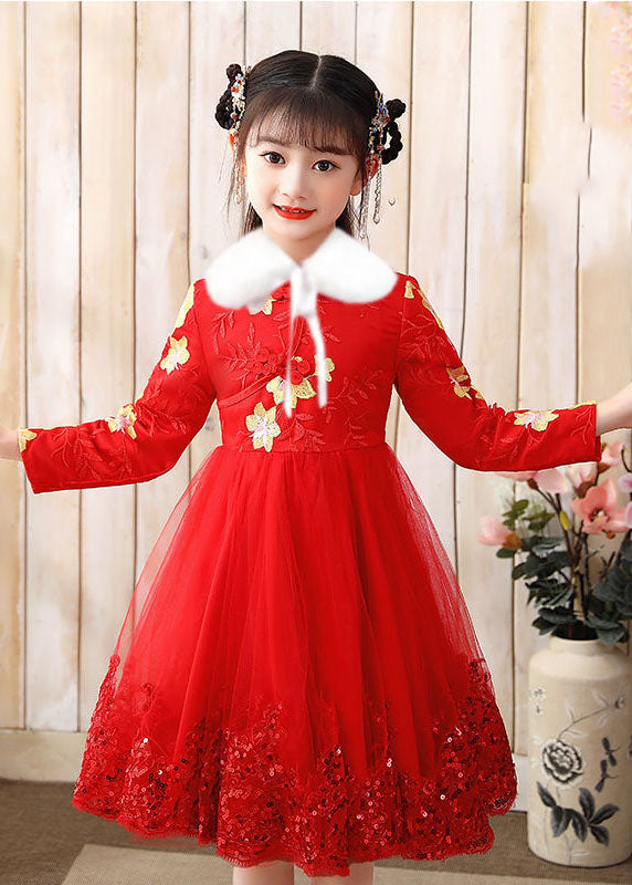 Elegant Red Fur Collar Sequins Patchwork Button Tulle Girls Long Dress Winter
