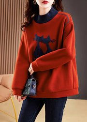 Elegant Red High Neck Patchwork Cotton Pullover Tops Winter