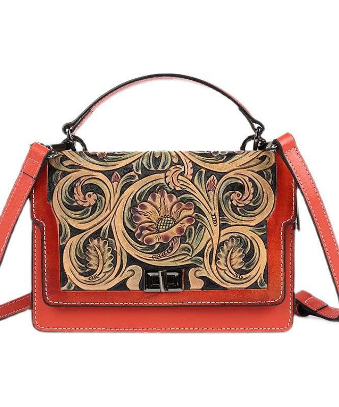 Elegant Red Jacquard Square Calf Leather Satchel Handbag