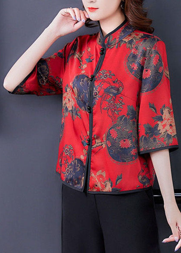 Elegant Red Mandarin Collar Button Silk Shirt Half Sleeve